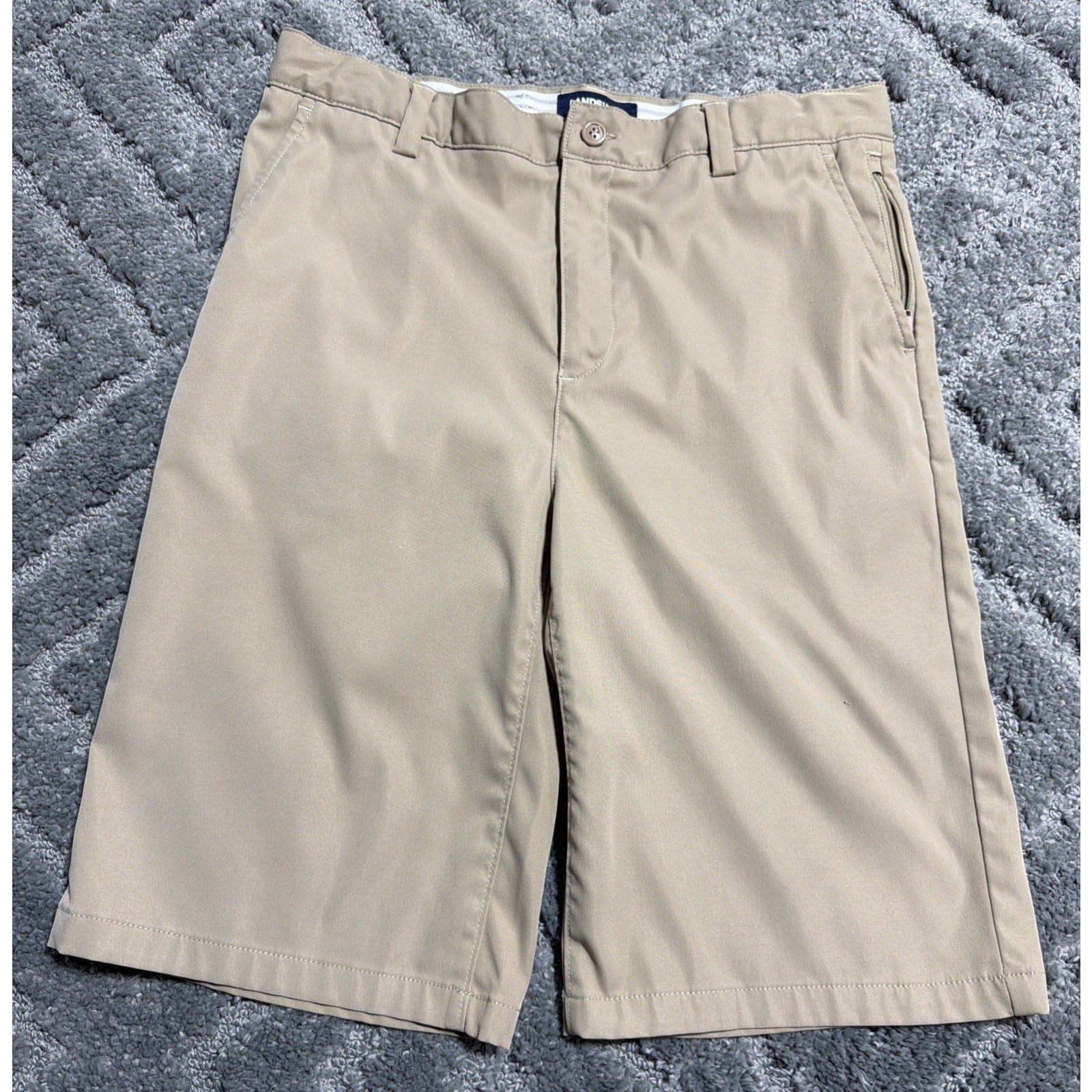 Lands End School Uniform Flat Front Zip Pocket Khaki Adj Waist Shorts Boys 14-15