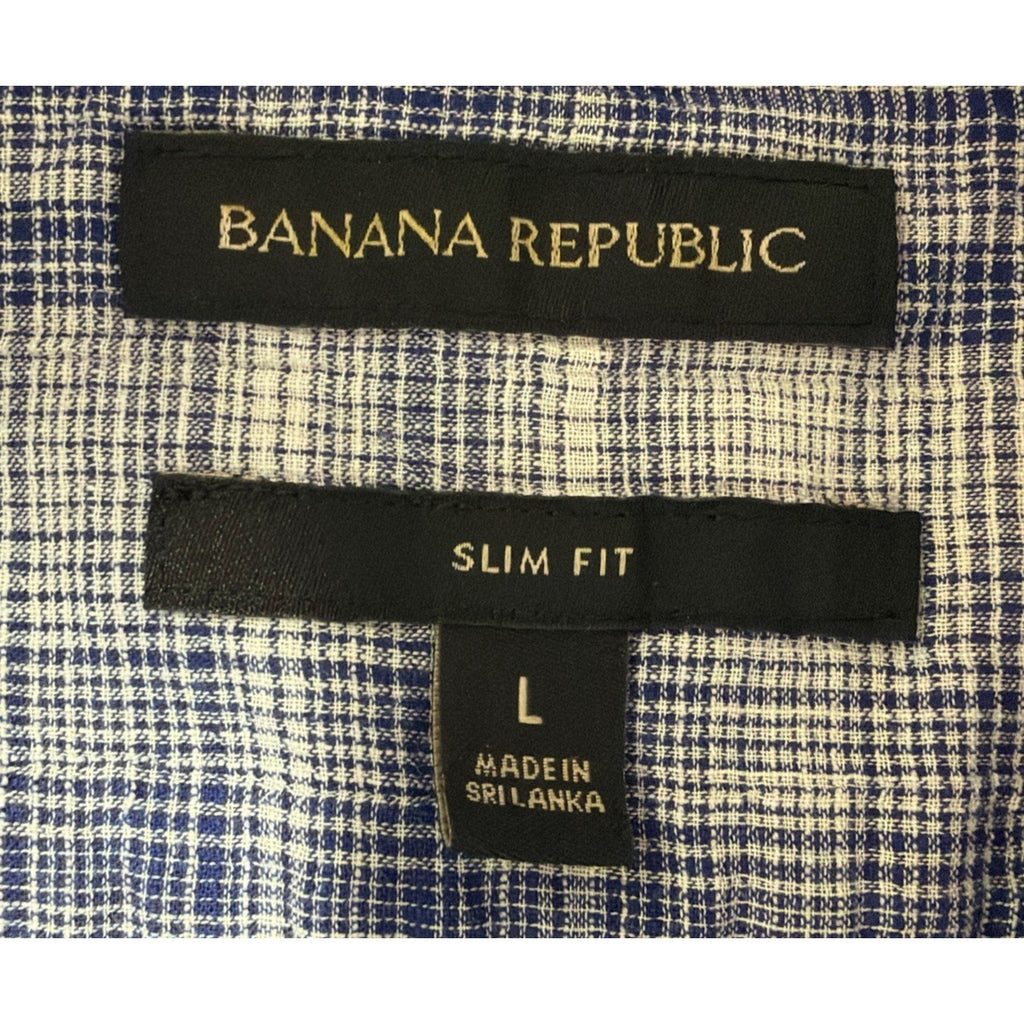 Banana Republic Mens Slim Fit Blue Plaid Short Sleeve Shirt Lightweight L Beach