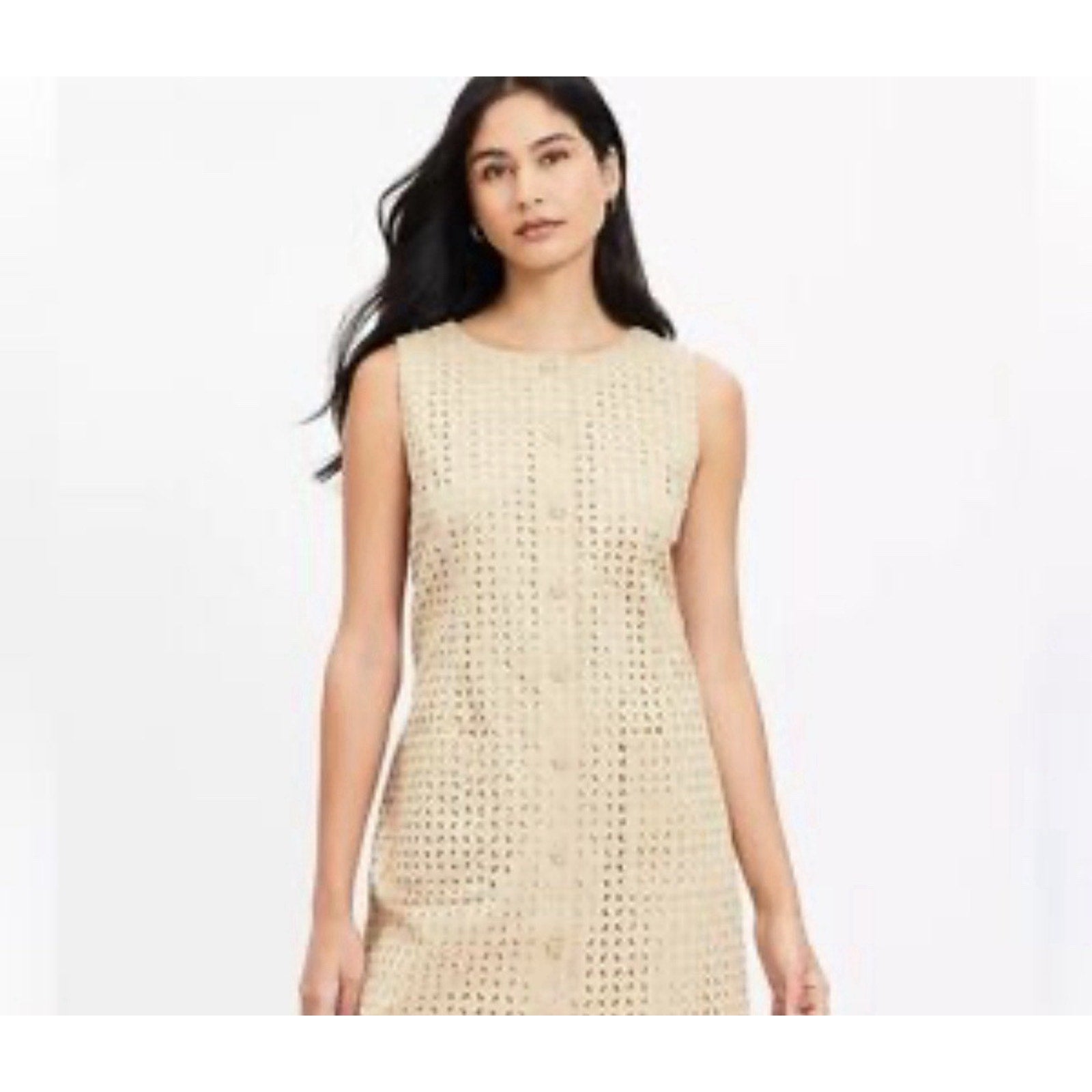 LOFT Womens Size 8 Beige Eyelet Sleeveless Tunic Dress Button Front Pockets