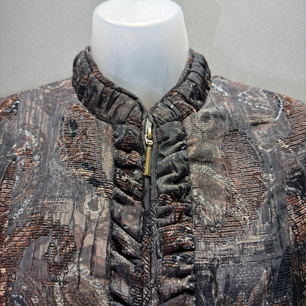 TanJay Petites Jacket Womens Brown Black Metallic Paisley Ruffle Zip Front Lined