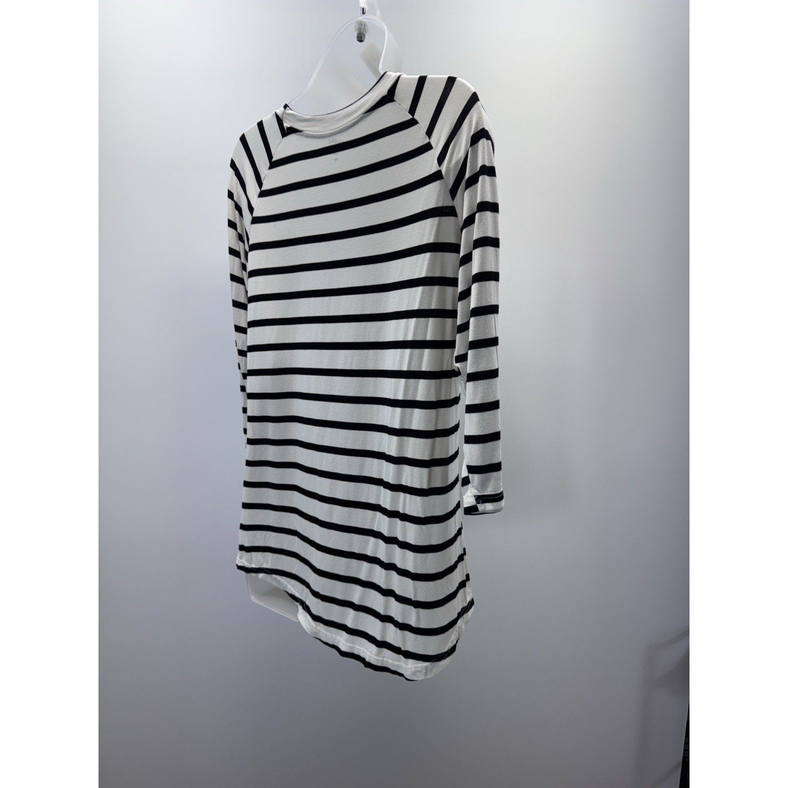Tickled Teal Blouse Top Shirt Womens M 3/4 Sleeve Striped White Black Long Tunic