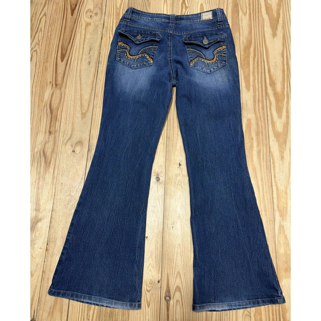 L.e.i. 5 Short Blue Denim Sofia Hipster Flare Embroidered Jeans Y2K 28x28