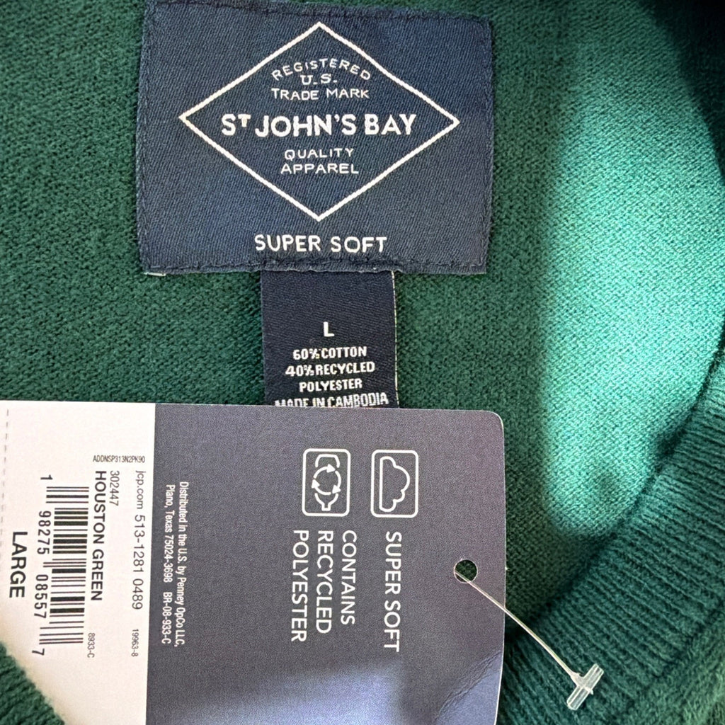 St. John's Bay Shirt Men's Large Super Soft Green Knit V Neck Sweater NWT