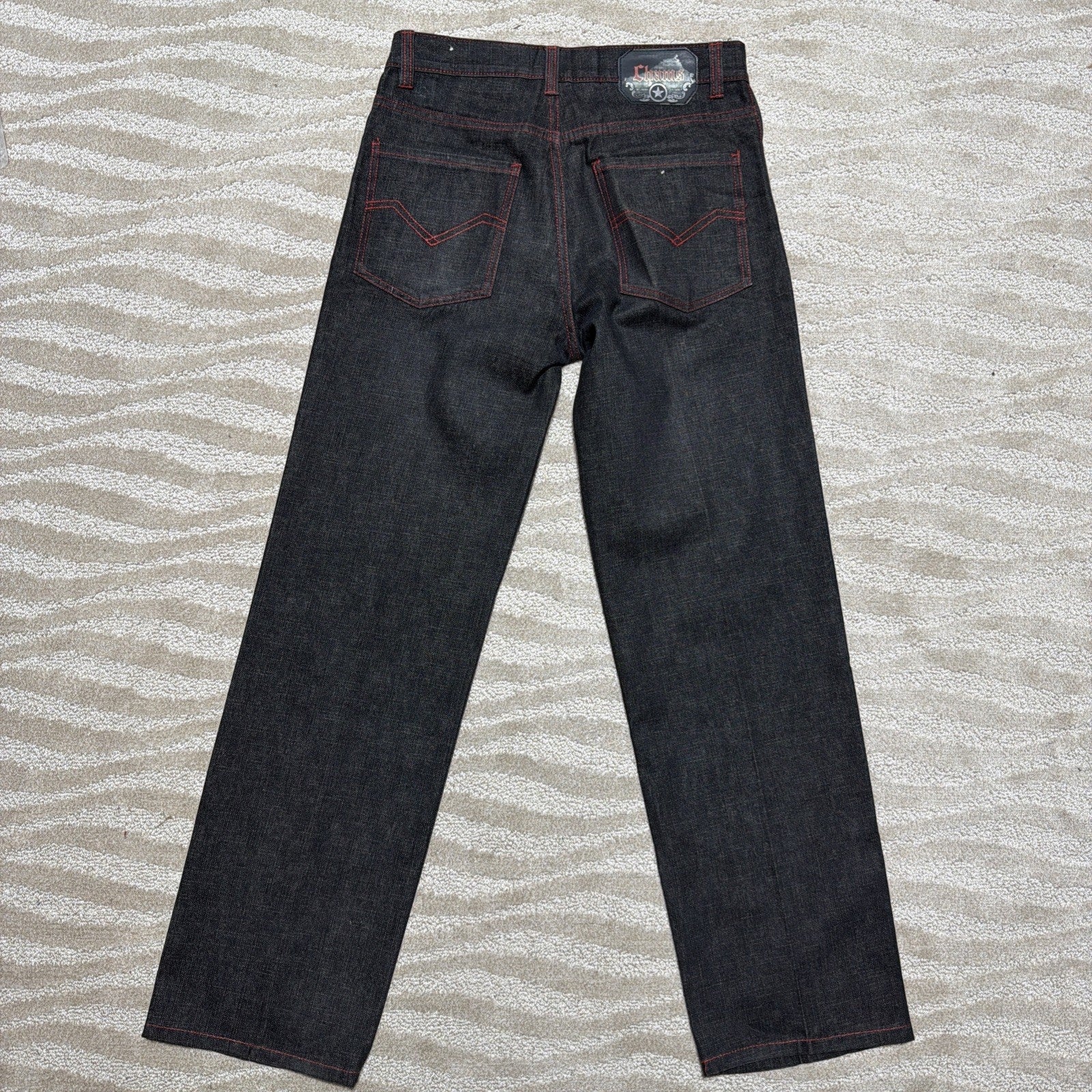 Vintage Chams Jeans Mens 30 Black W Red Trim Baggy Embroidered Skate Hip Hop Y2K