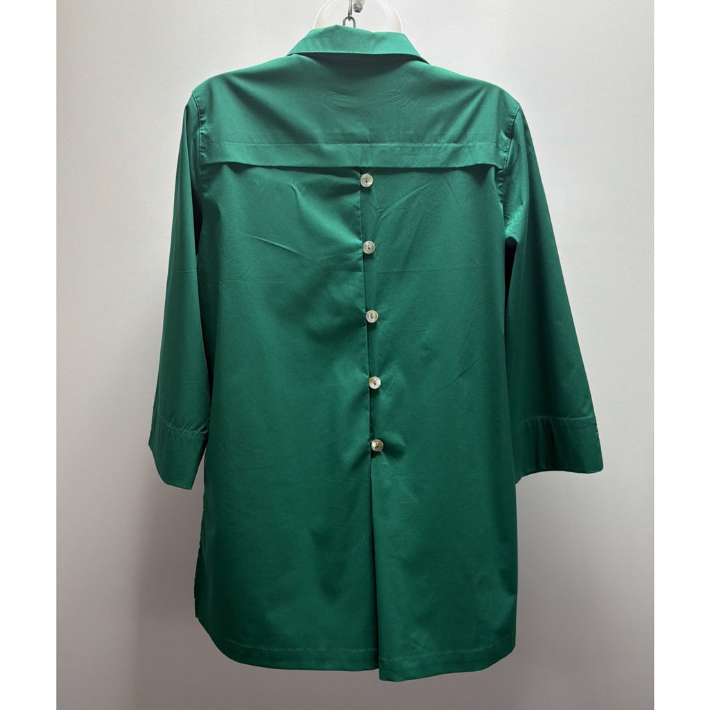 Zac Rachel Top Womens Medium Green Tunic Button Front Back Shirt Stretch