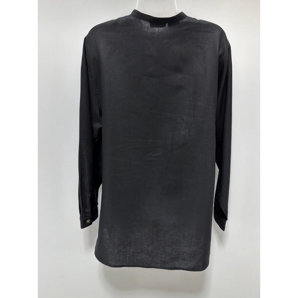Rafaella Blouse Black 100% Linen Long Sleeve Shirt Banded Collar Women's L