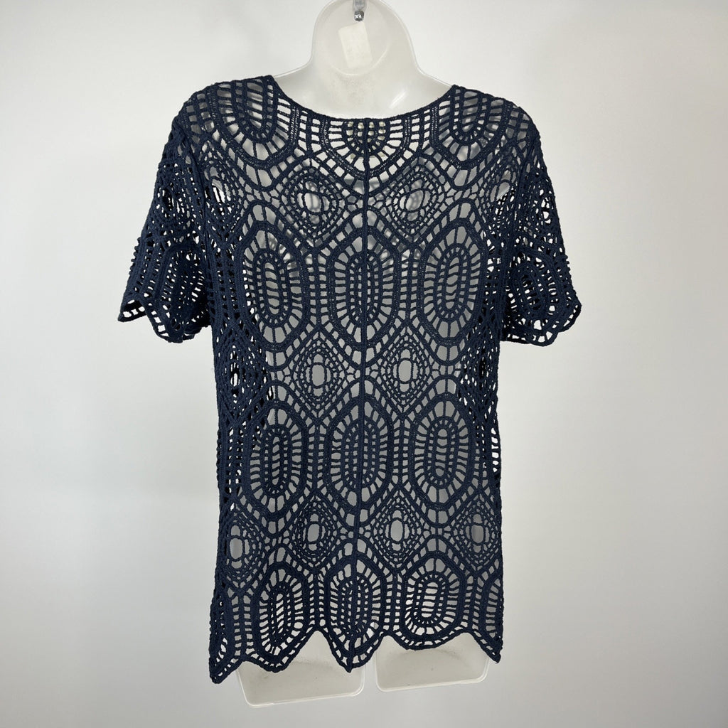 Bedford Fair Top Crochet Blue Open Knit Short Sleeve Women's M