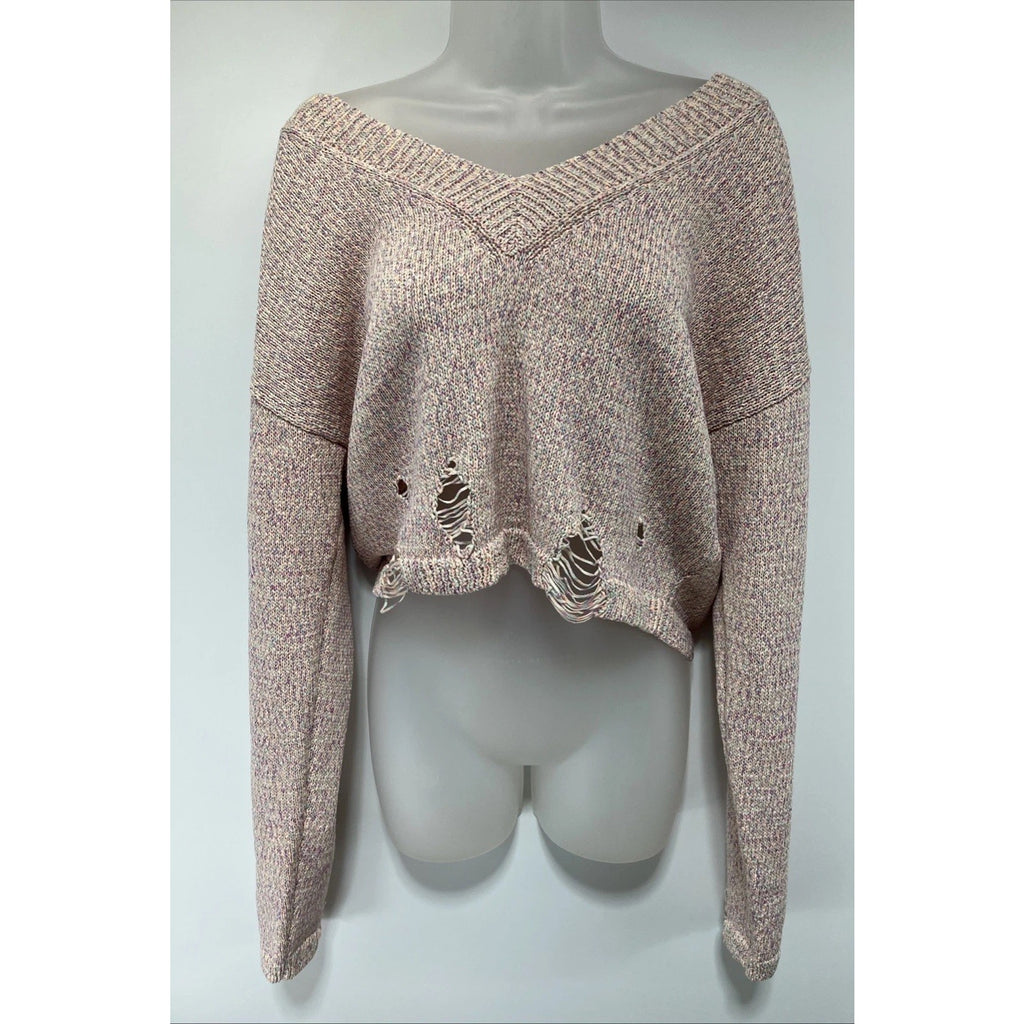 Lelis Womens Pullover Sweater Pink Long Sleeve Ribbed Knit Frayed Medium