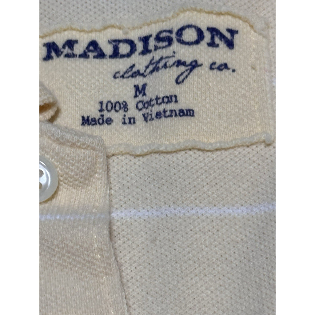 Madison Clothing Co Polo Shirt Mens M Cream Striped 100% Cotton Short Sleeve