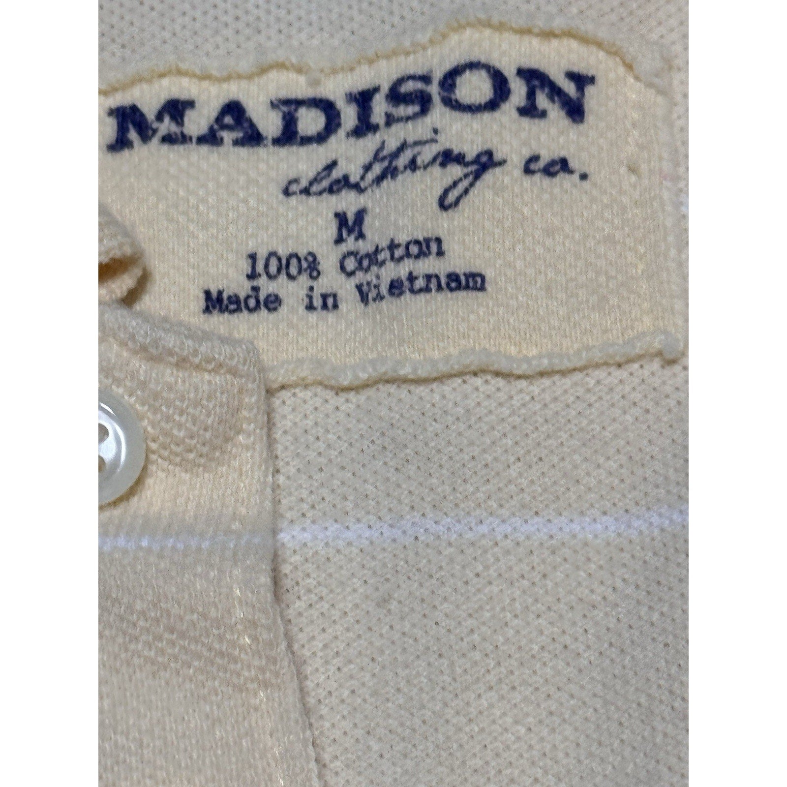 Madison Clothing Co Polo Shirt Mens M Cream Striped 100% Cotton Short Sleeve