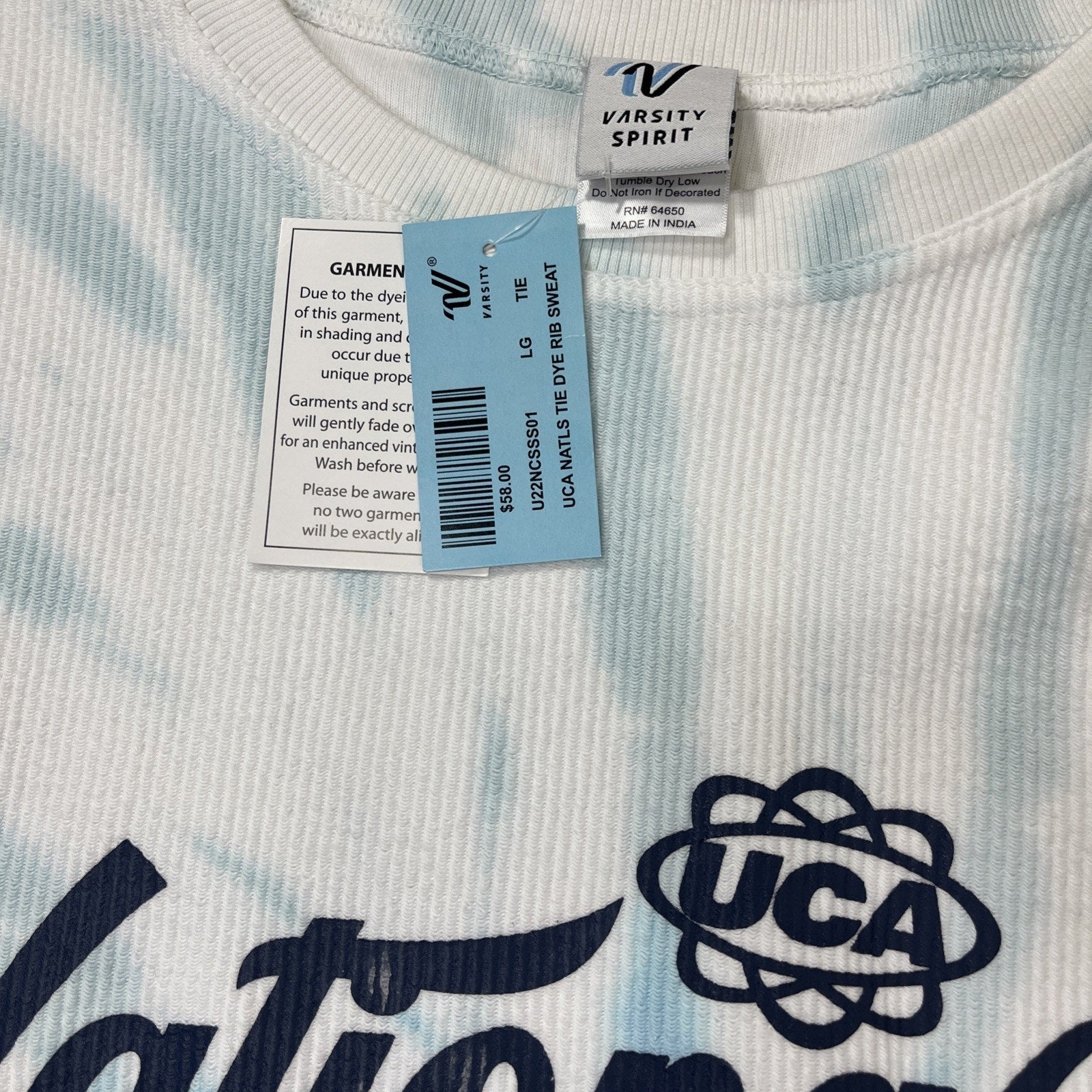 NWT Varsity Spirit NCA Nationals Ribbed Sweatshirt Women's L Blue White TieDye