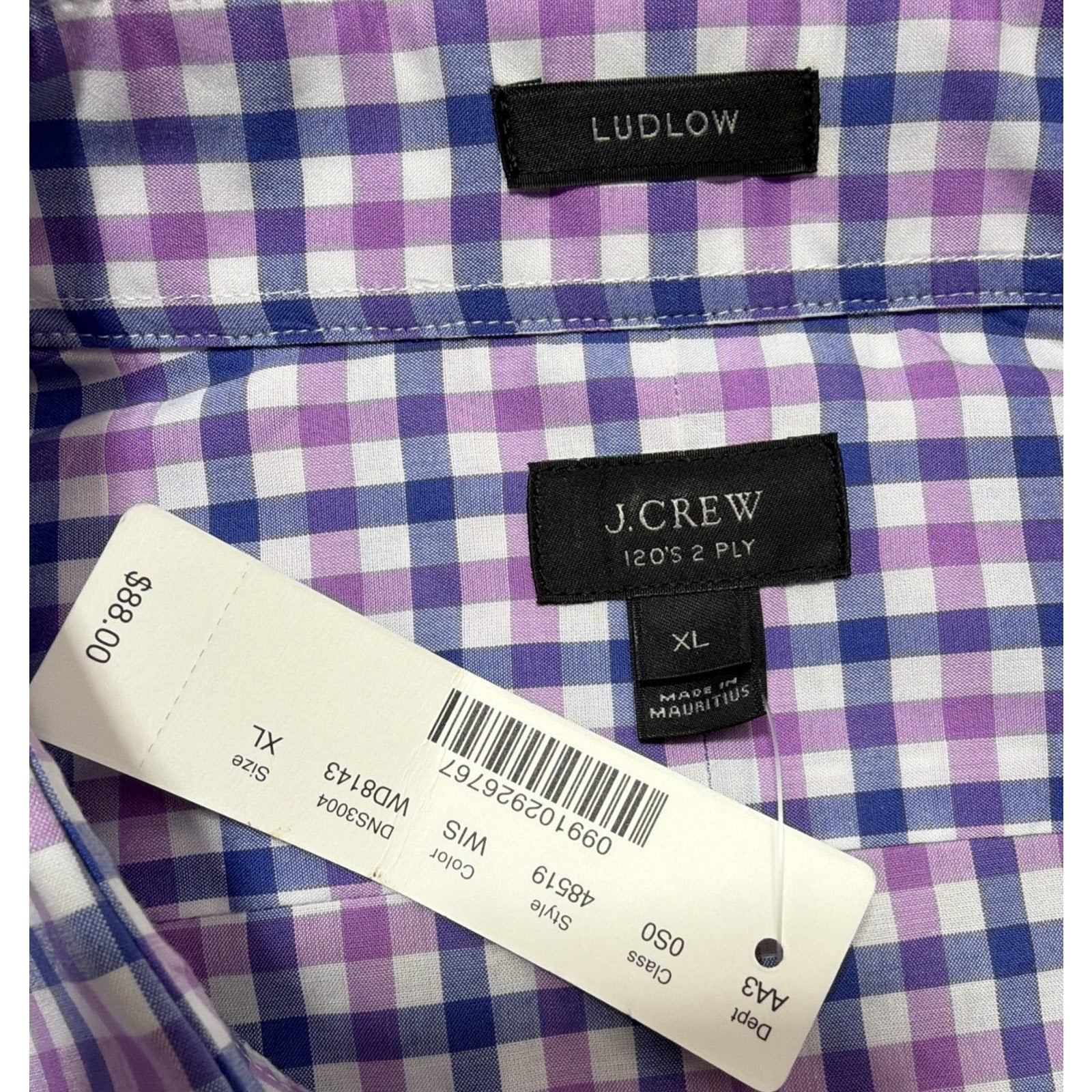 J Crew Dress Shirt Men's XL Ludlow 120's 2 Ply Gingham Check Long Sleeve New