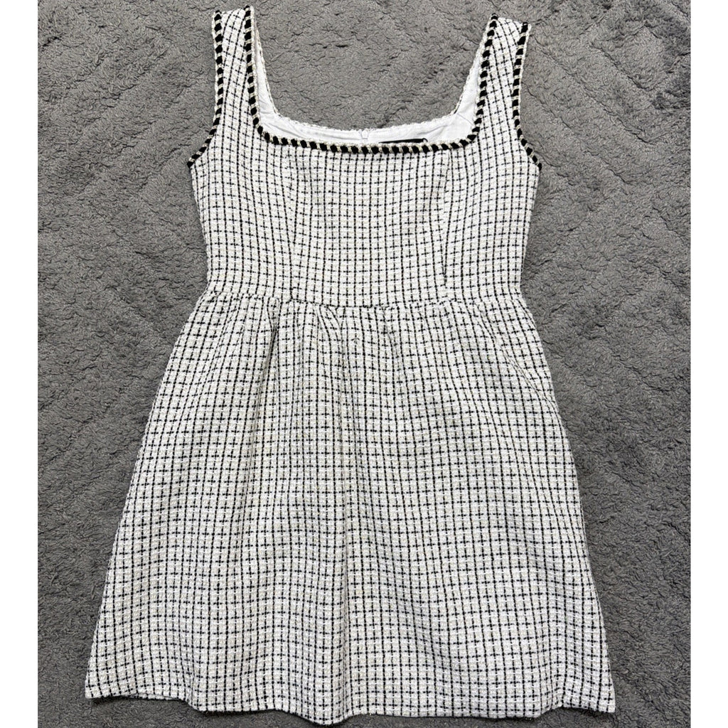 CIDER Women’s L Tweed Mini Dress Black White Plaid Square Neck Sleeveless NWT