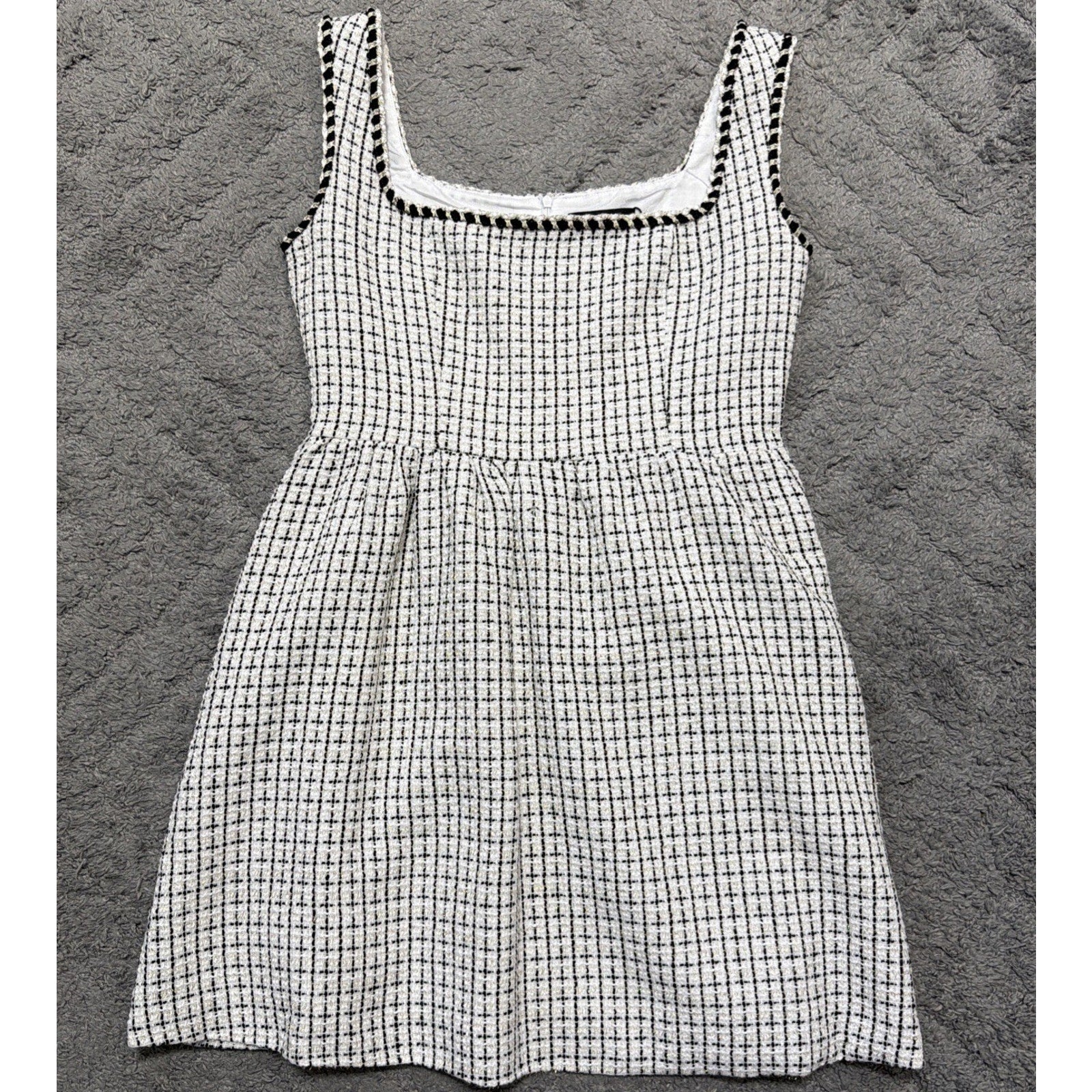 CIDER Women’s L Tweed Mini Dress Black White Plaid Square Neck Sleeveless NWT
