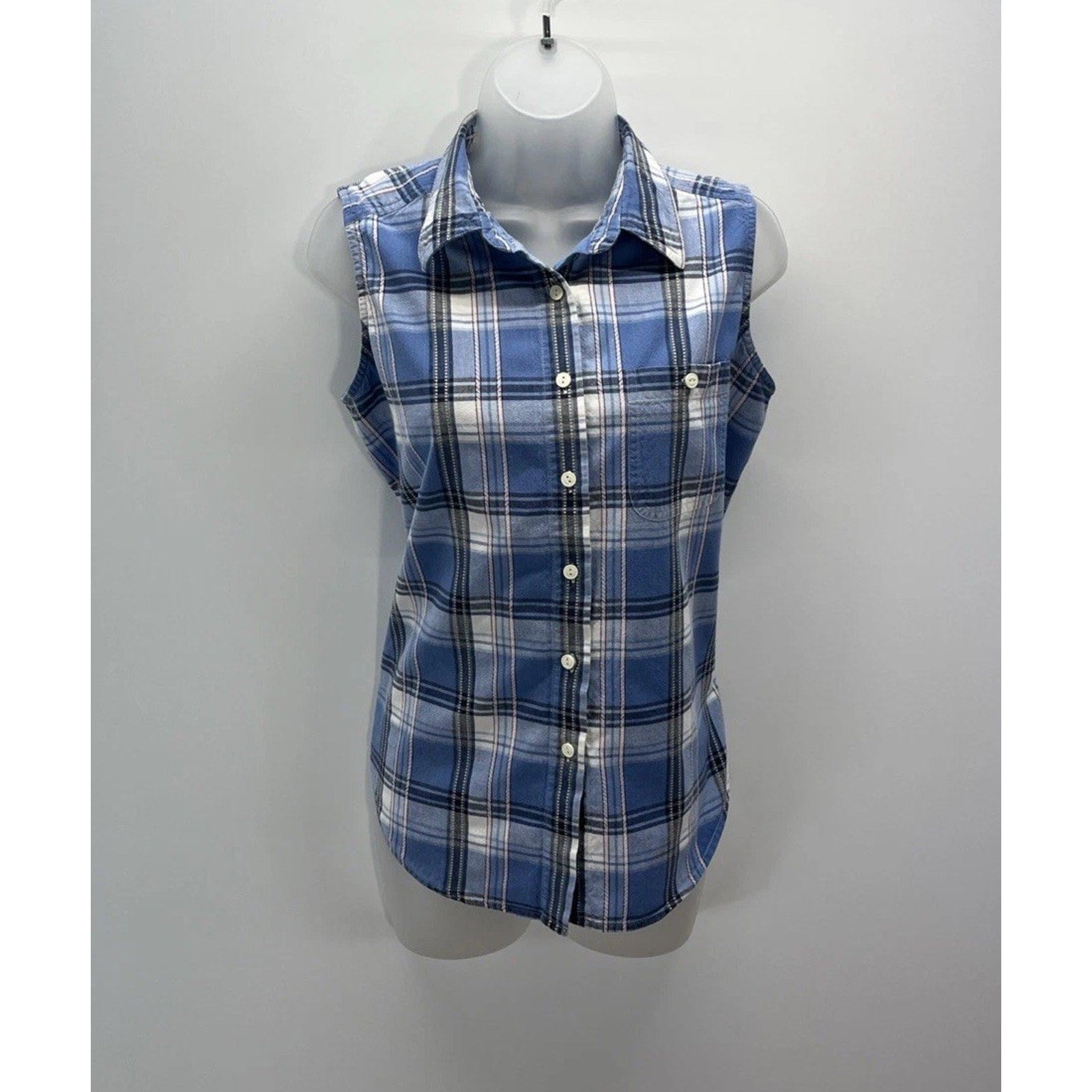 Cabin Creek Womens Blue Plaid Sleeveless Collared Button-Up Shirt Size Petite L