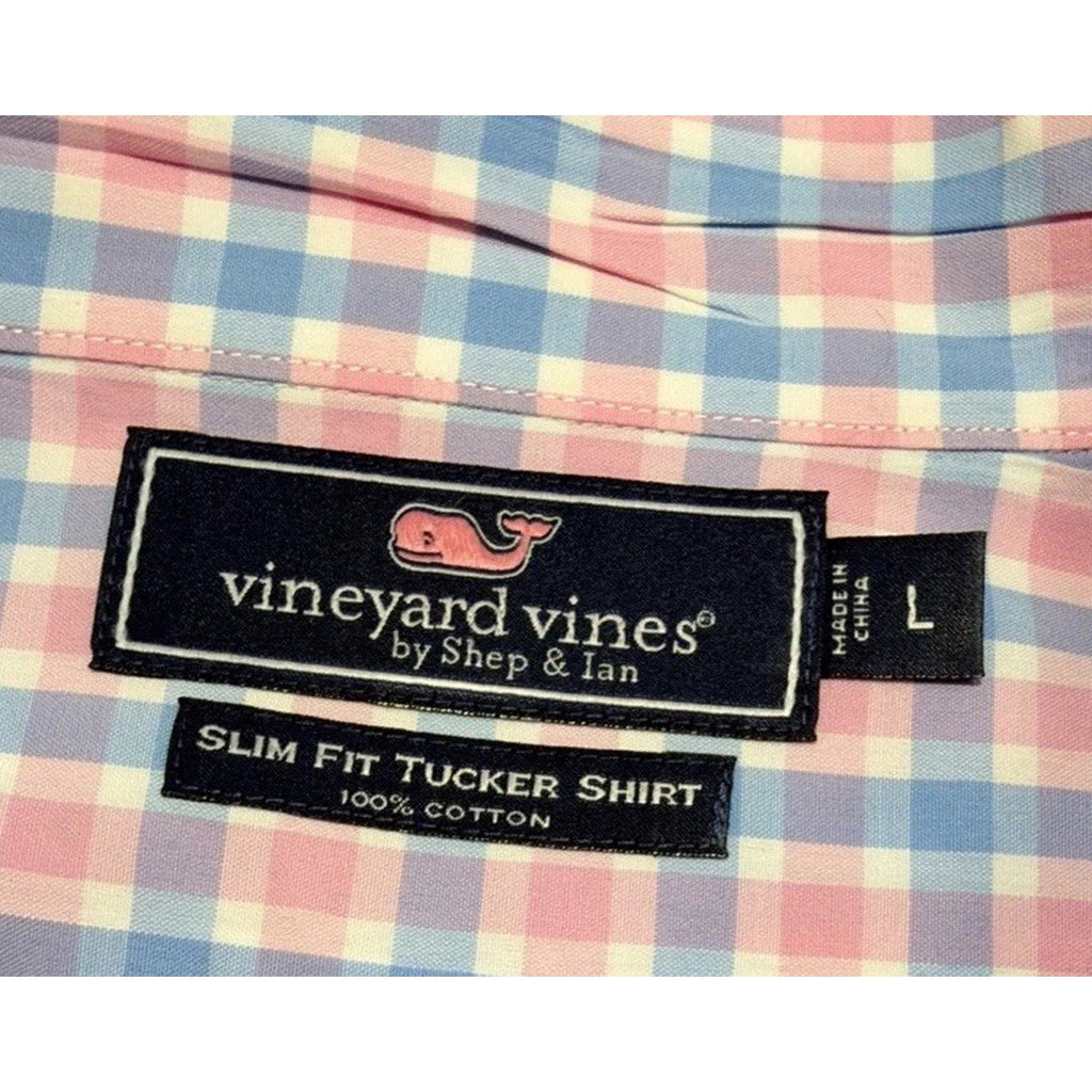 Vineyard Vines Plaid Slim Fit Tucker Shirt L Large Blue White Pink Button Up