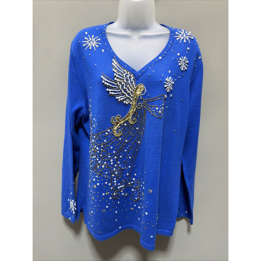 Berek2 Blue Sweater Angel/Snowflake Bead Pullover V-Neck Long Sleeve Size XL