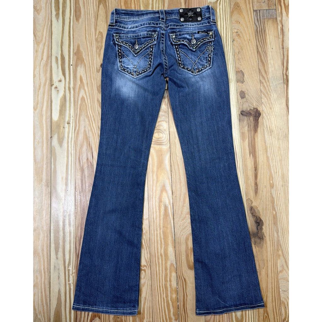 Miss Me Jeans Women's 26x32 Denim Blue Signature Boot Flap Sequin Pockets Blingy