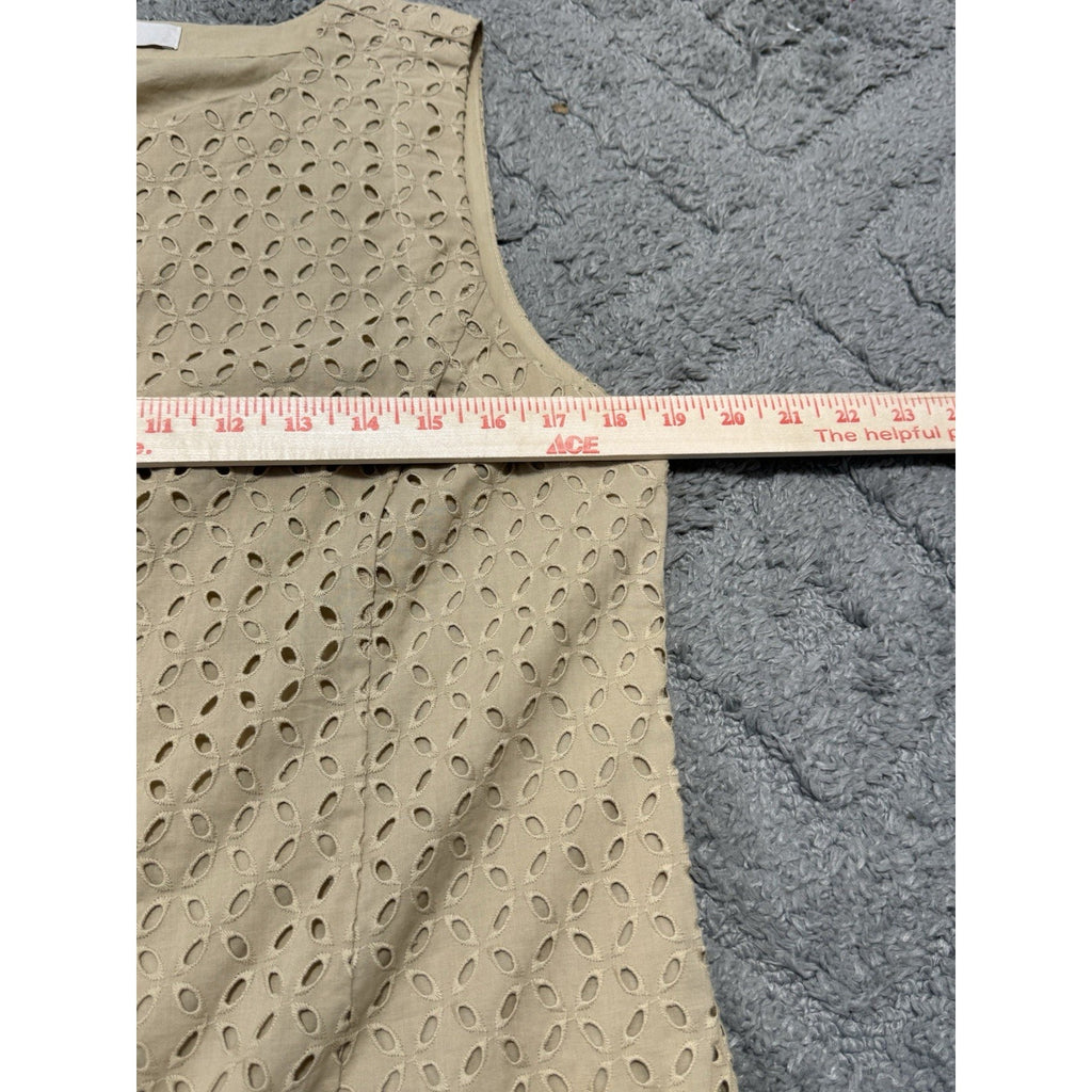 LOFT Womens Size 8 Beige Eyelet Sleeveless Tunic Dress Button Front Pockets