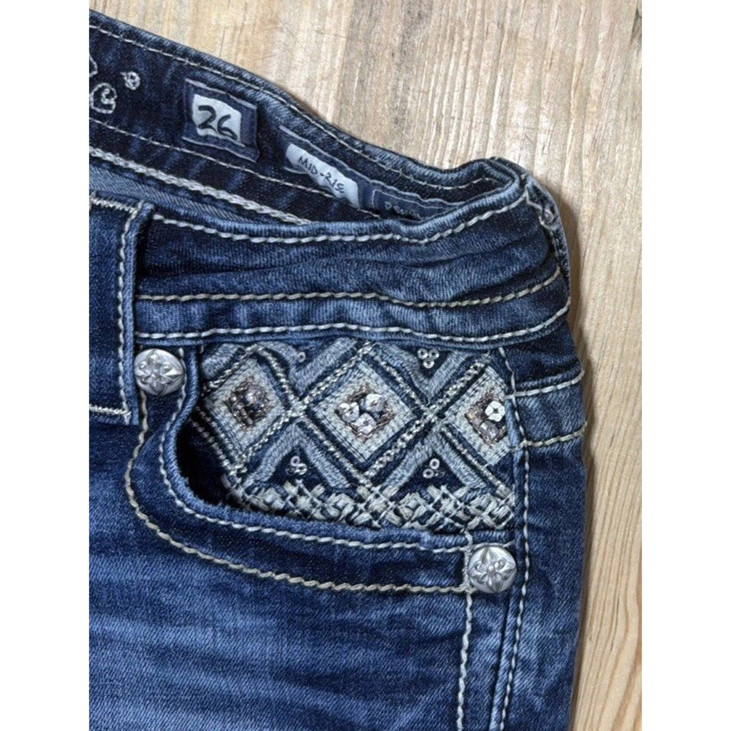 Miss Me Jeans Women's 26 Raw Hem Capri Mid-Rise Blue Stretch Denim