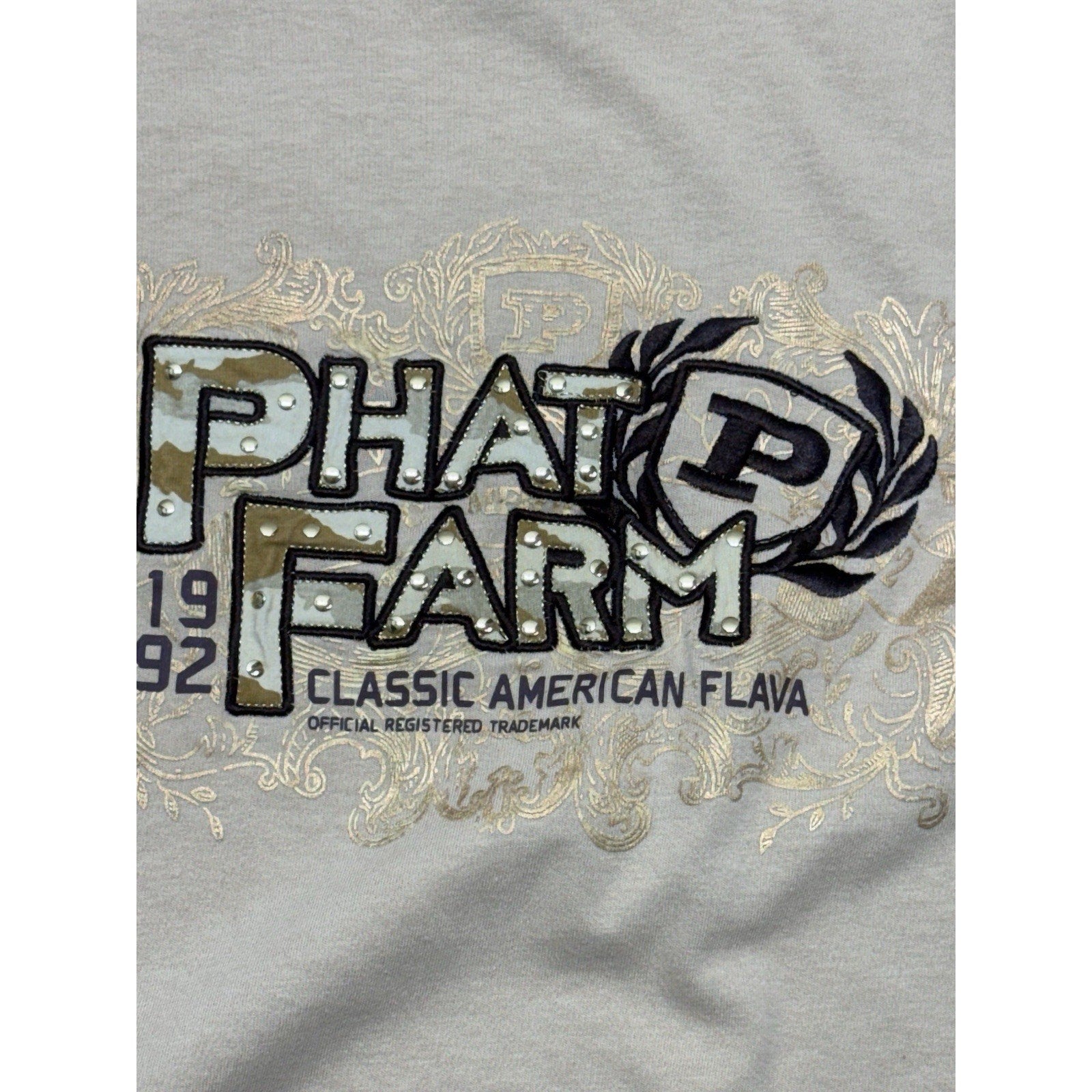 Phat Farm Sweatshirt Mens XL Beige Y2K Spell Out Logo Tee Hip Hop Streetwear