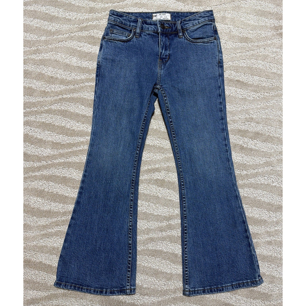 Free People Womens 24 Dark Blue Cropped Mid Rise Flare Jeans 26x24 Stretch
