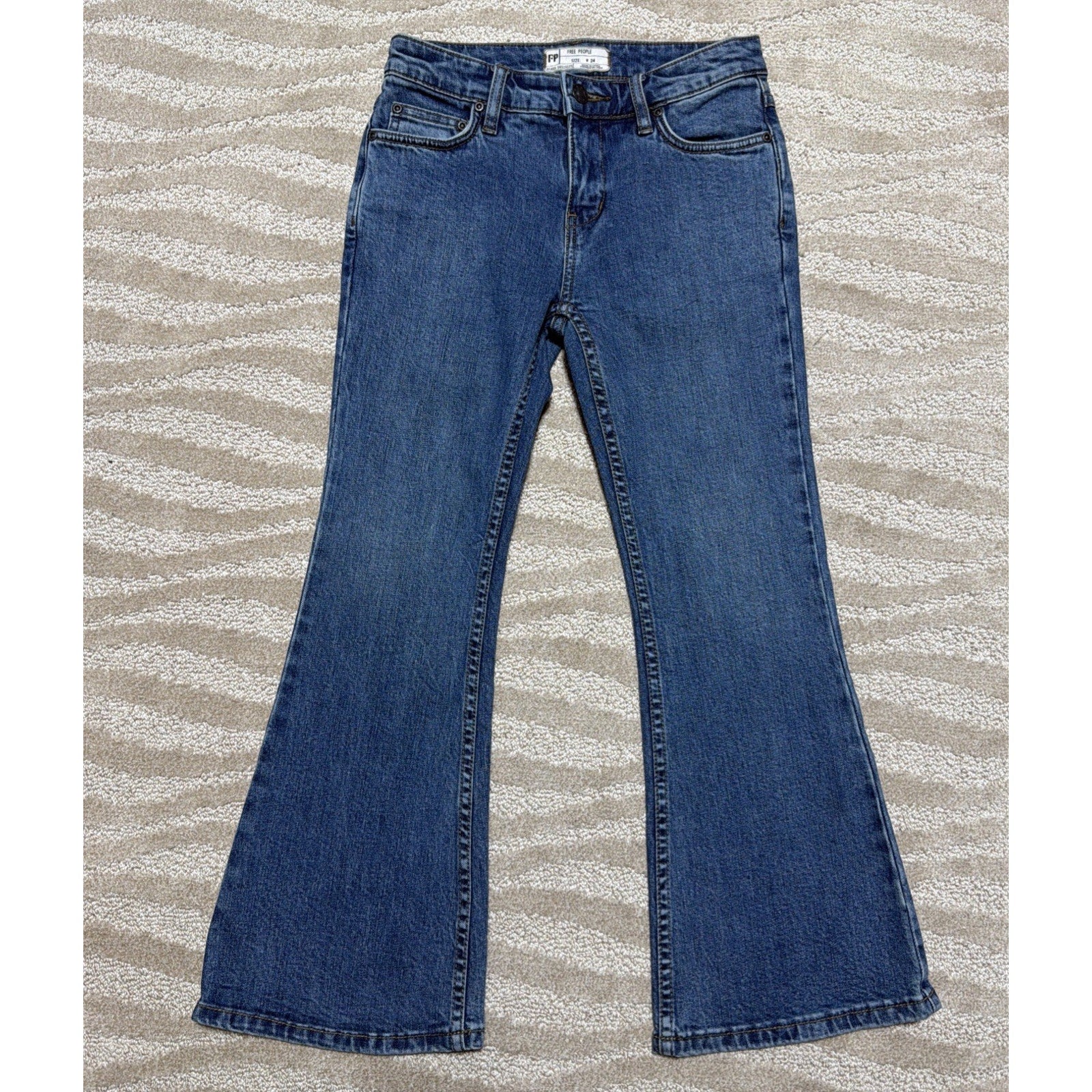 Free People Womens 24 Dark Blue Cropped Mid Rise Flare Jeans 26x24 Stretch