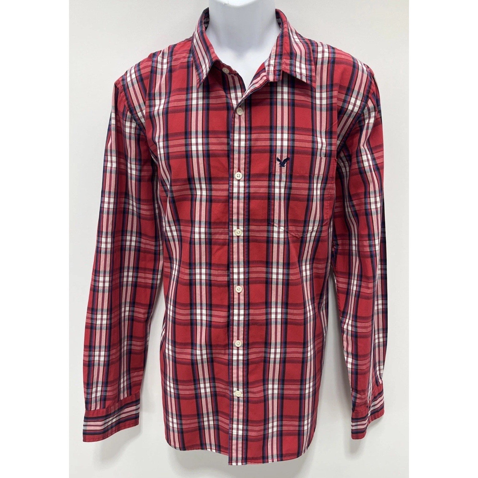 American Eagle Mens Vintage Fit Red Blue Plaid Long Sleeve Button Up Shirt Sz XL