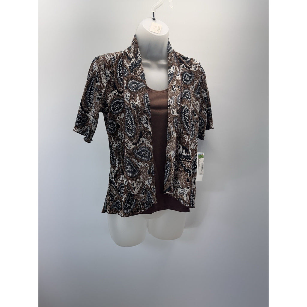 Notations Shirt Women’s Petite S Short Sleeve Layered Cardigan Tank Cream Brown