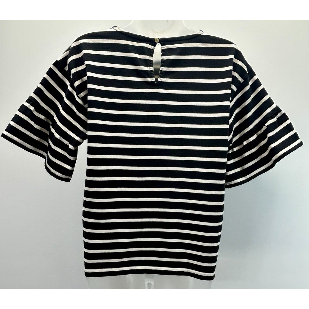 J. Crew Mariner Top Womens S Black White Striped Ruffle Short Sleeve Nautical.