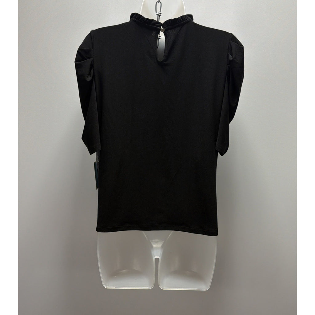 CeCe by Cynthia Steffe Black Puff Sleeve Ruffle Neck Blouse Top Women’s M NWT