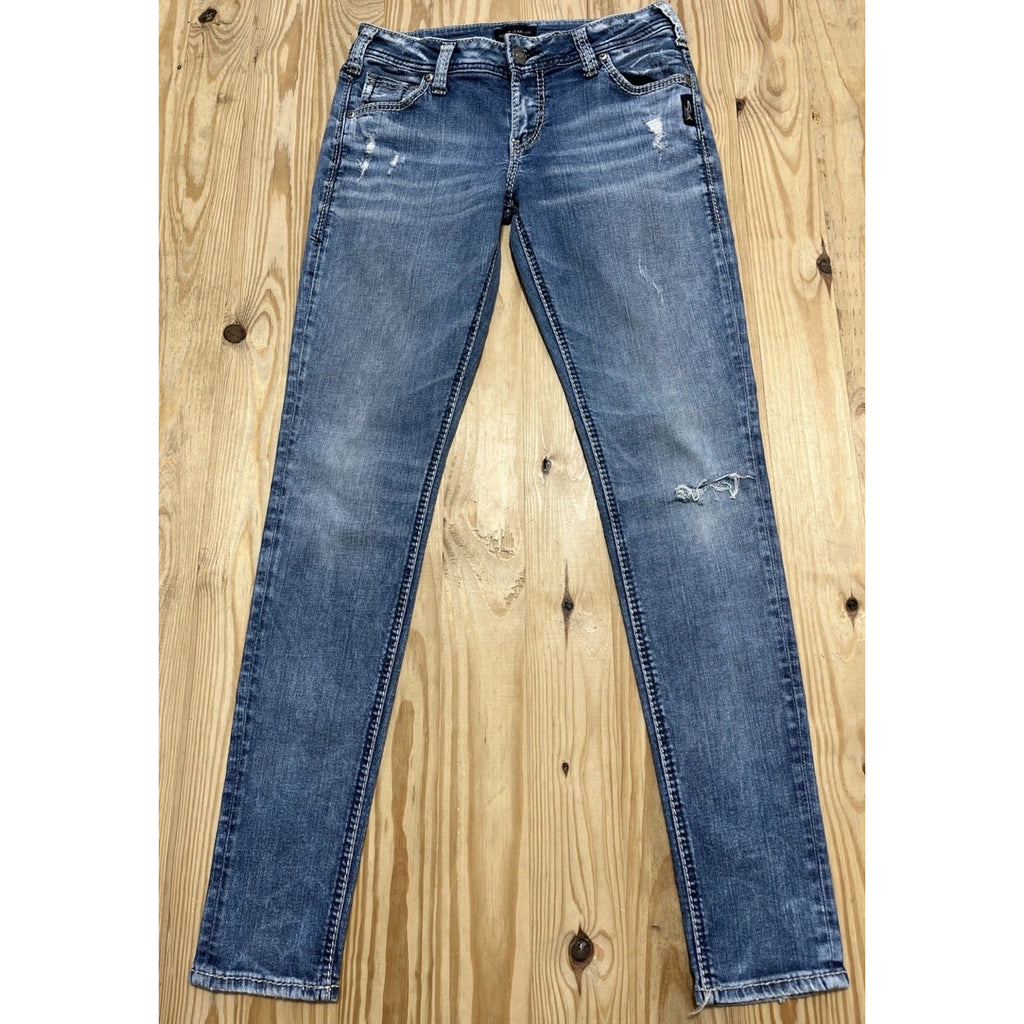 Silver Girlfriend Jeans Womens 27/29 Blue Super Stretch Distressed Denim