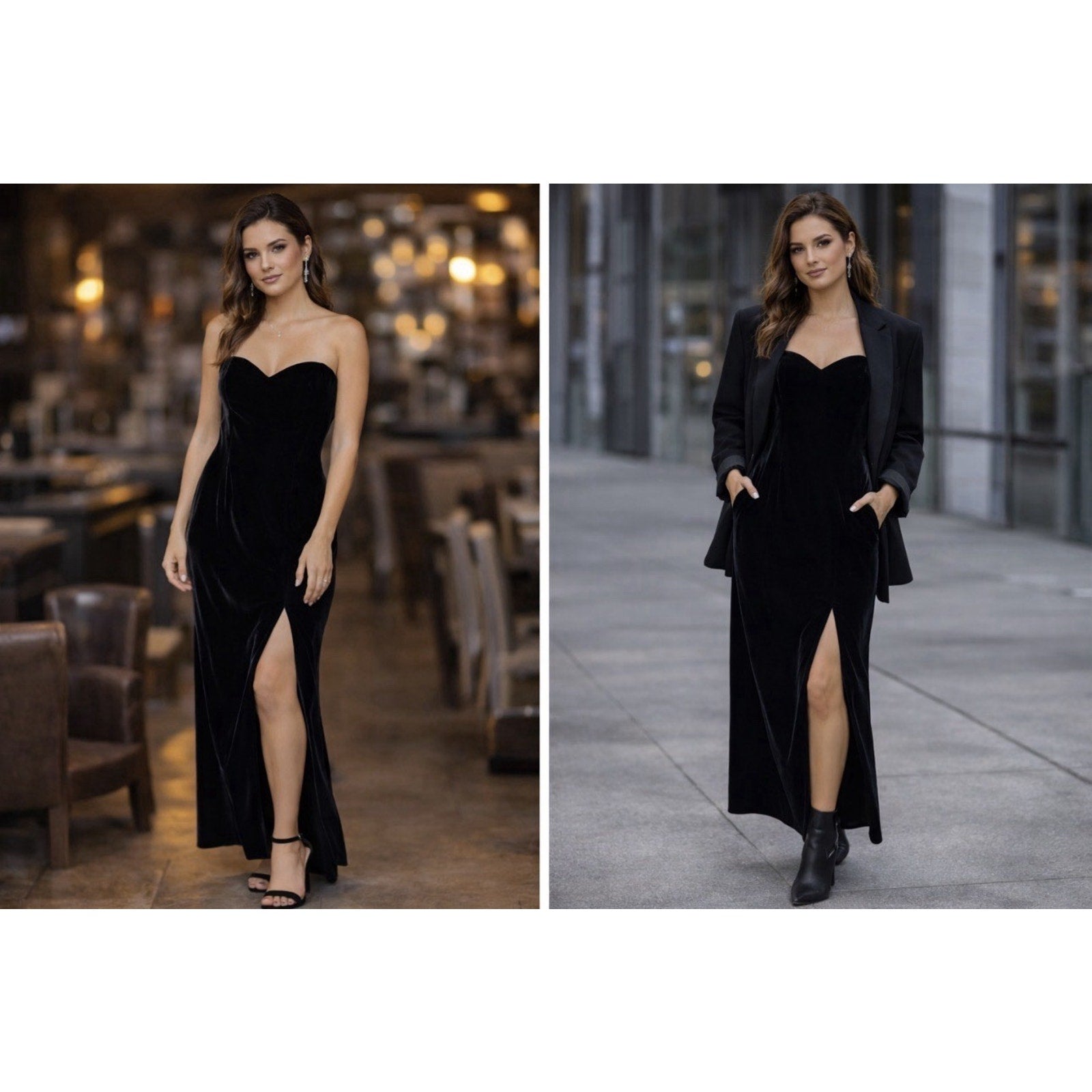 Vintage Kathryn Conover Black Velvet Strapless Maxi Dress Slit Formal Evening 4