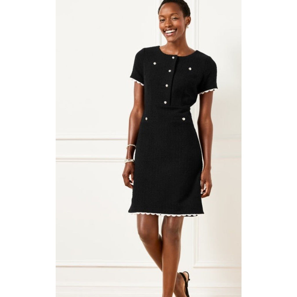 Talbots Black and White Elegant Lace Trim Lined Short Sleeve Sheath Dress Sz 10