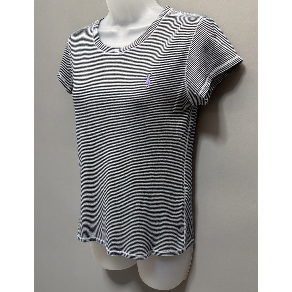 Ralph Lauren Sport Shirt Womens M Black/White Striped Short Sleeve Pullover
