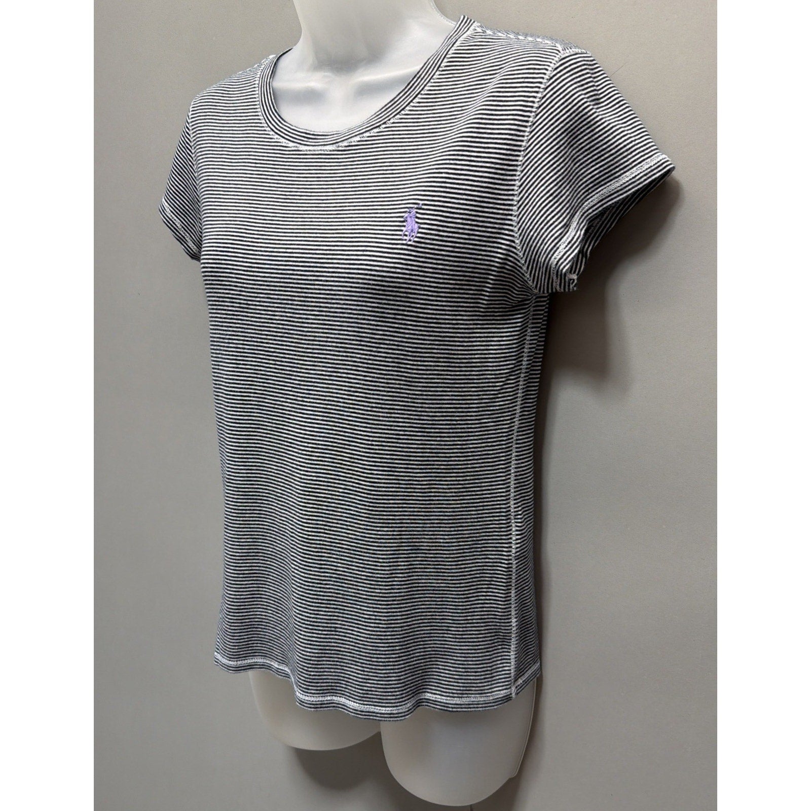 Ralph Lauren Sport Shirt Womens M Black/White Striped Short Sleeve Pullover