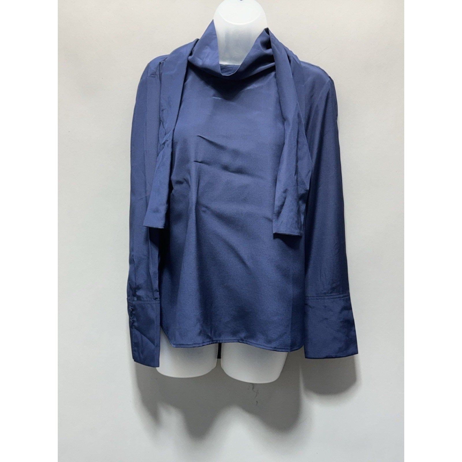 NWT J.Crew 100% Silk Draped Tie Neck Blouse Blue Long Sleeve Petite 8P Career