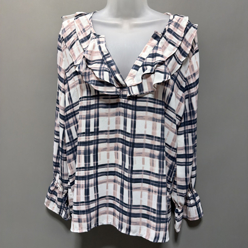 LOFT Women’s Sz M Multicolor Polyester Ruffle Flare Long Sleeve V-neck Blouse