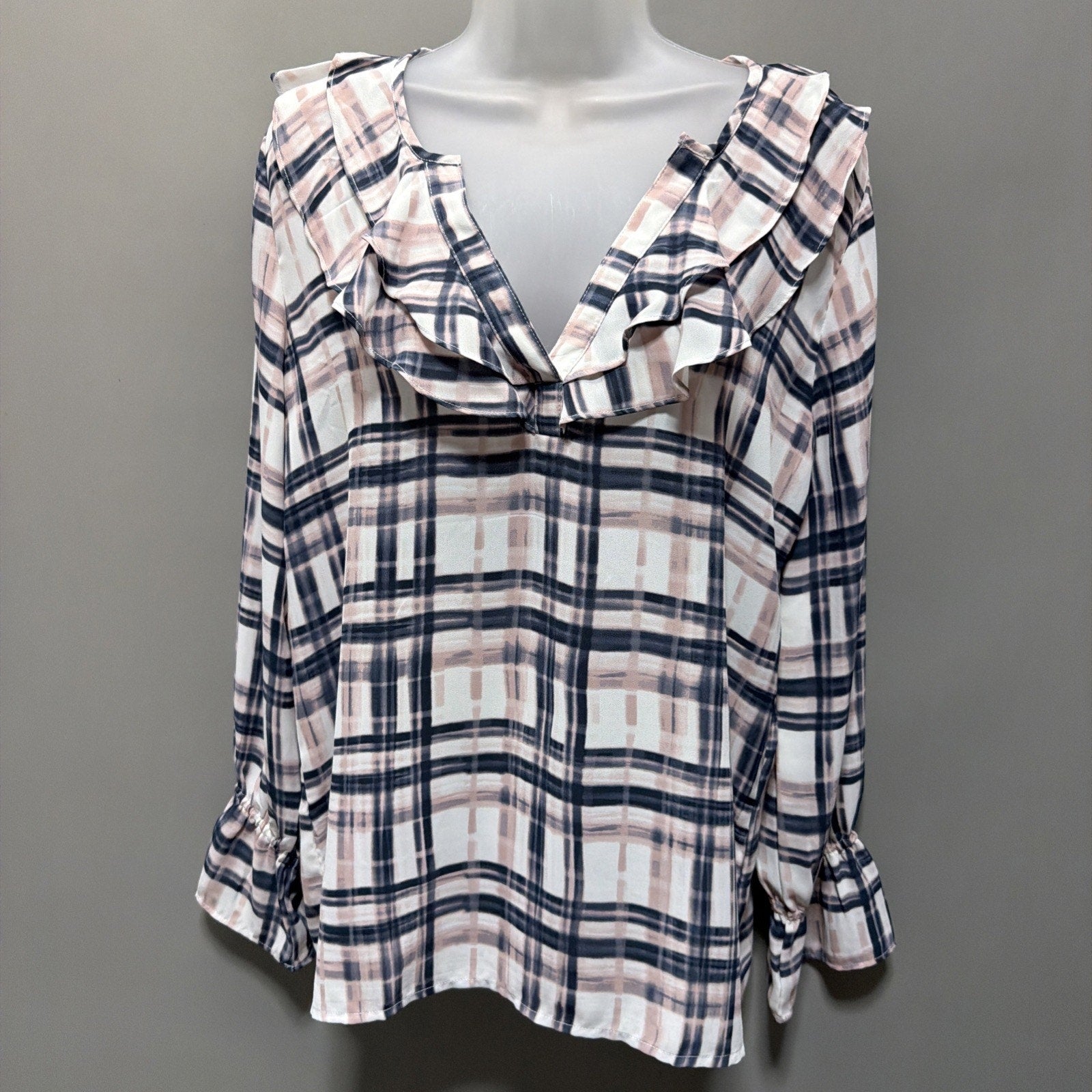 LOFT Women’s Sz M Multicolor Polyester Ruffle Flare Long Sleeve V-neck Blouse