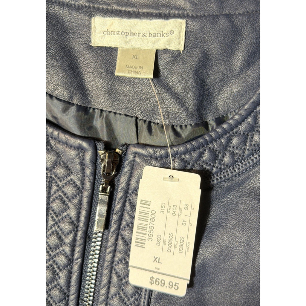 Christopher Banks Blue Faux Leather Jacket Women’s size XL Embroidered New W Tag