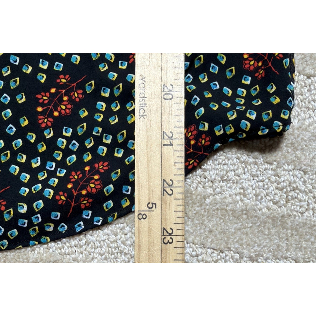 LOFT Black Red Blue Floral Long Sleeve Elastic Wrist Blouse Top Sz XS