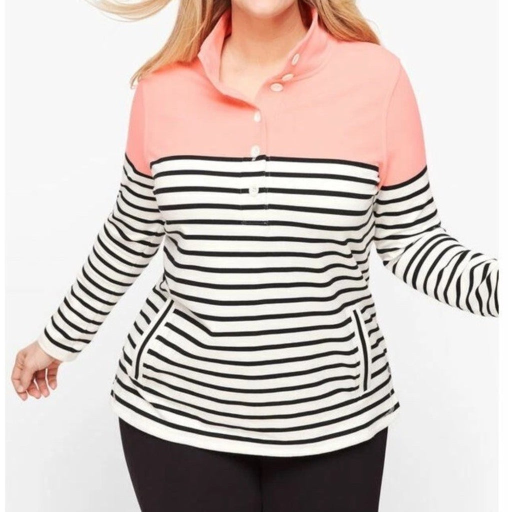 TALBOTS Colorblock Half Button Pullover Sweatshirt Top Pockets Size L Stretch