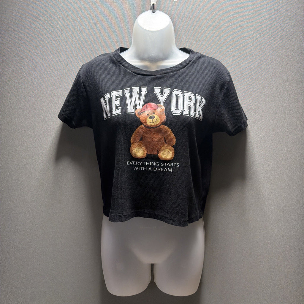On Fire Women’s Dream New York Bear Graphic Crop Ribbed Tee – Size L Cotton