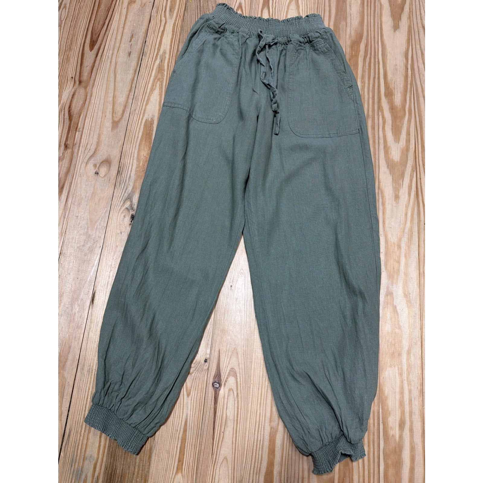 Love Tree Linen Blend Jogger Pants Drawstring Waist Women's Medium Green Comfort