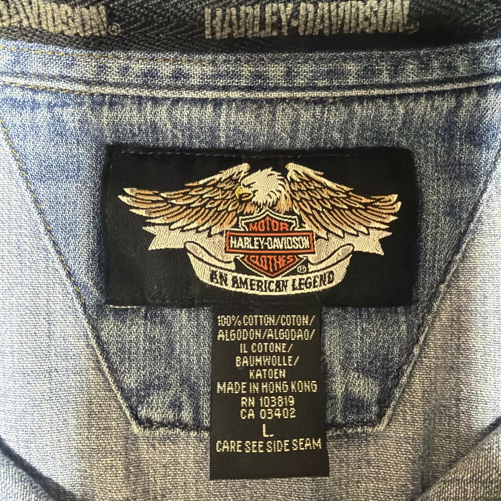 Vtg Harley Davidson Shirt Large Button Up Light Blue Denim Embroidered