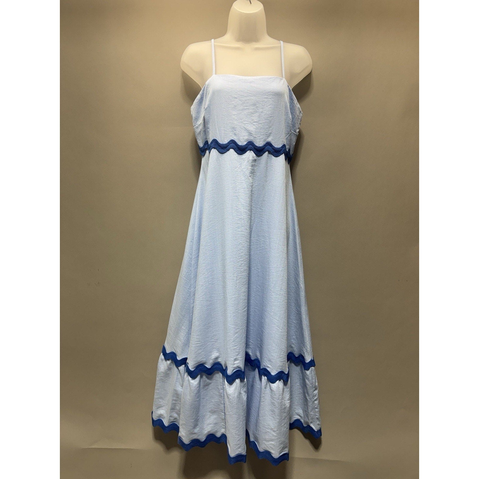 Womens Light Blue Boho Midi Dress S Spaghetti Strap Ruffle Hem Summer Beach New