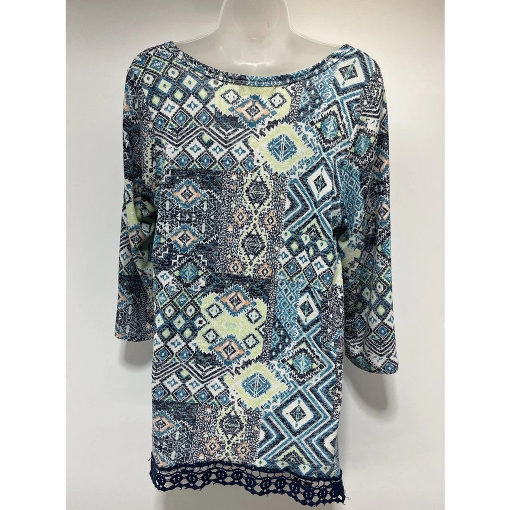 Absolutely Famous, Women 3/4 Sleeve Multi Color Geometric Tunic Top, Large
