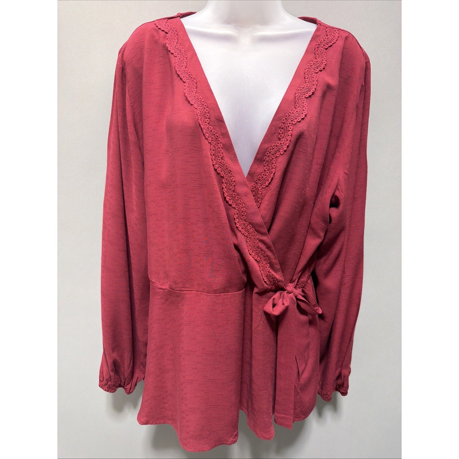 Maurice's Blouse XXL Embroidered Red Faux Wrap Tie V Neck Casual Career Top New