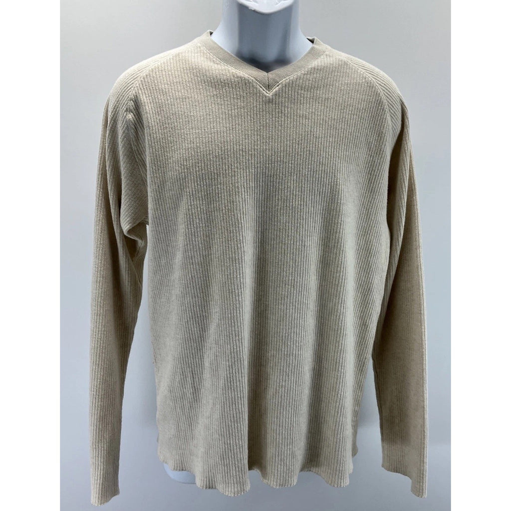Polo Ralph Lauren Ribbed Knit Sweater Mens Medium Beige V-Neck Cotton