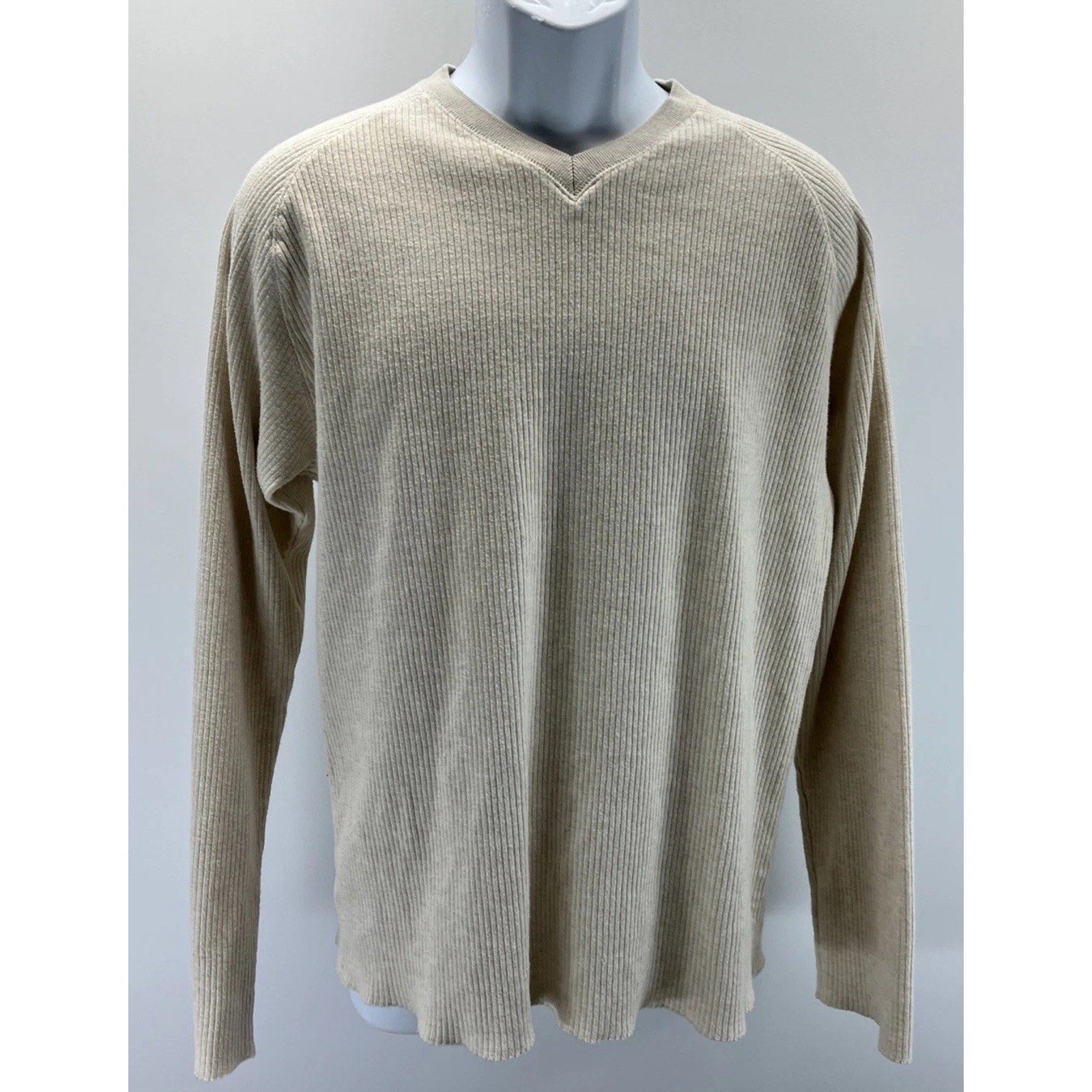 Polo Ralph Lauren Ribbed Knit Sweater Mens Medium Beige V-Neck Cotton